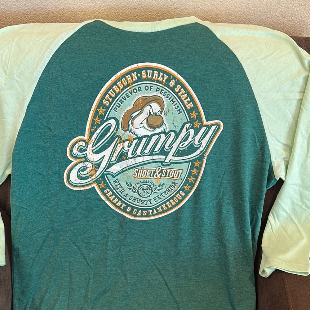 Men’s XL DISNEY Park Exclusive Grumpy Graphic Raglan Tee green NWOT